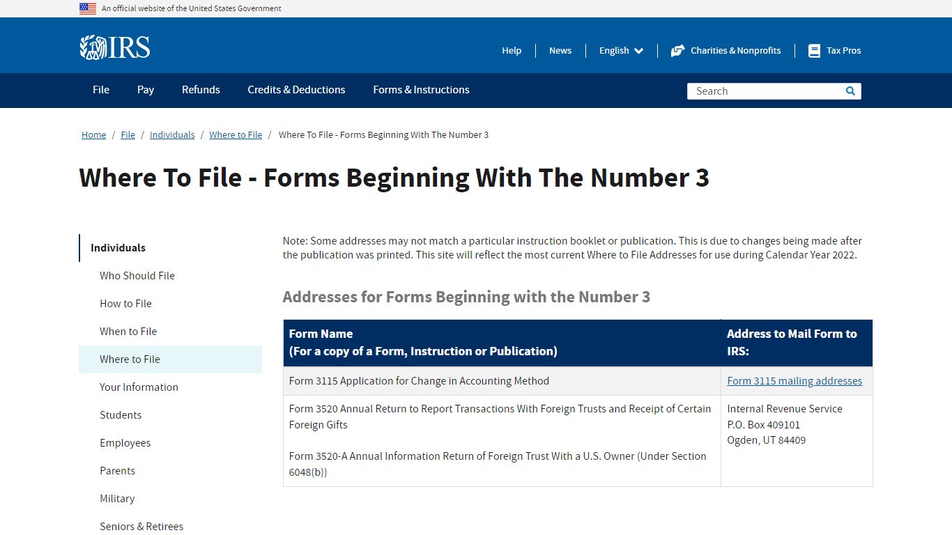 Where To File - Forms Beginning With The Number 3